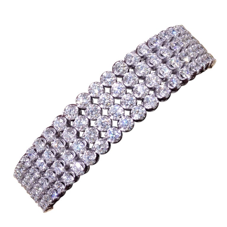 Four Row Round Brilliant Diamond Flex Bangle Bracelet For Sale