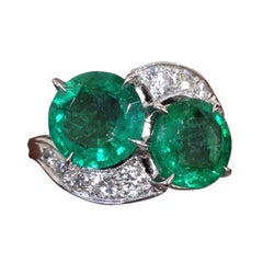 Retro Circa 1950's Emerald and Diamond Ring Set in Platinum