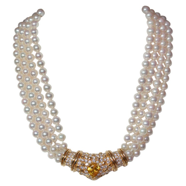 1960s Pearl Yellow Sapphire Diamond Necklace For Sale