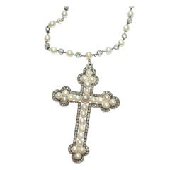19th Century Pearl Diamond Silver Gold Necklace and Cross