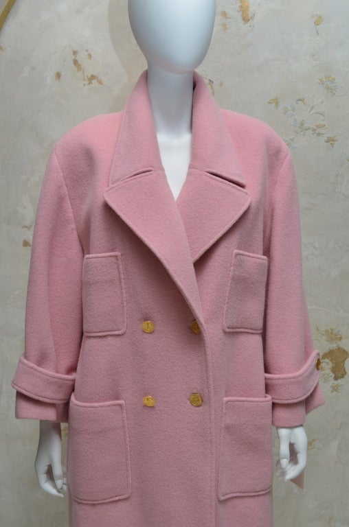 Chanel Pink Wool Overcoat Gold Buttons In Excellent Condition In Carmel, CA