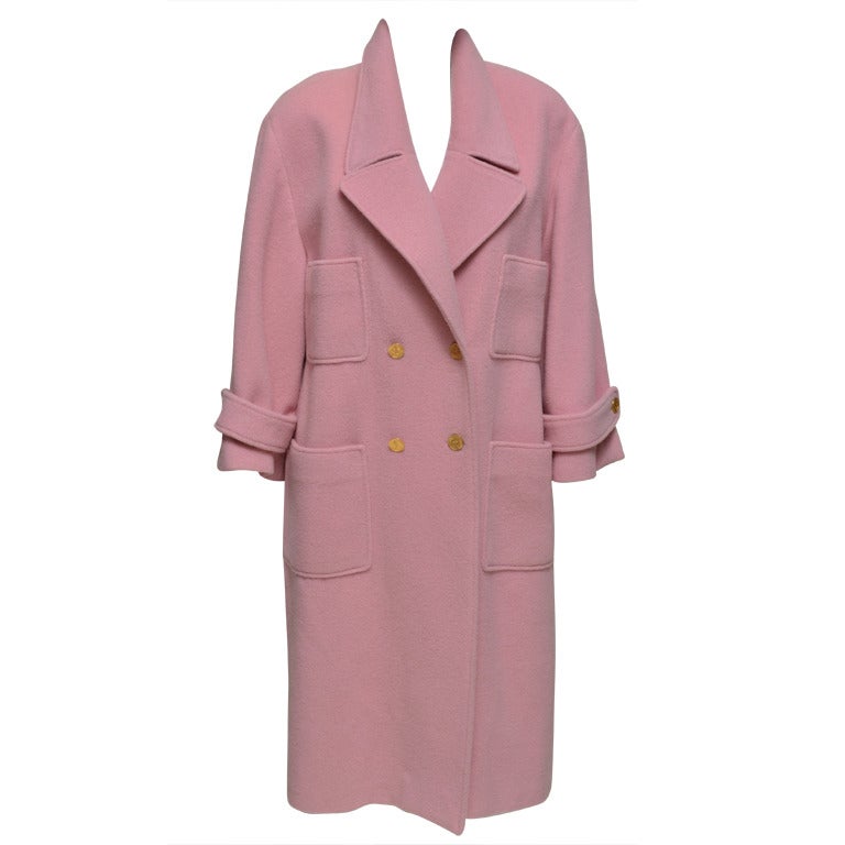 Chanel Pink Wool Overcoat Gold Buttons