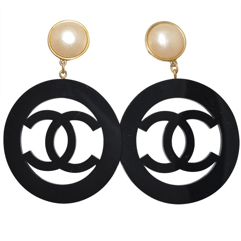 1990s Chanel Massive Logo Earrings Lucite and Pearl Season 28