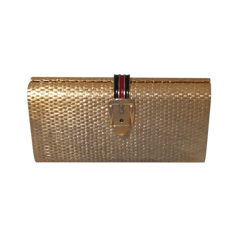 Gucci Basket Weave Gold Tone Metal Minaudière from the 1970's