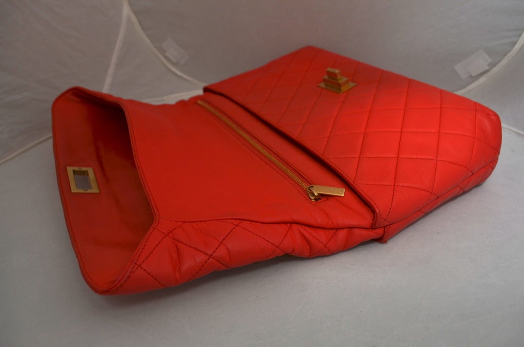 Chanel Tangerine Quilted Handbag Jumbo with Original Box and Cards 3