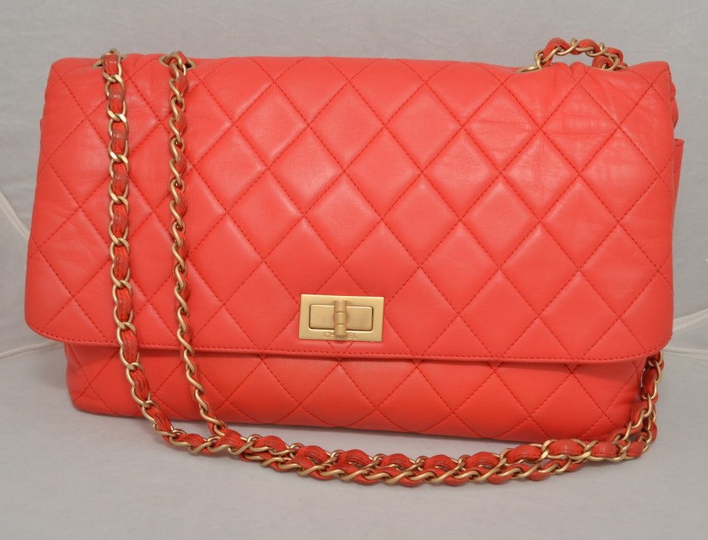 Chanel Tangerine Quilted Handbag Jumbo with Original Box and Cards 4