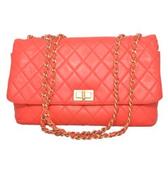 Chanel Tangerine Quilted Handbag Jumbo with Original Box and Cards