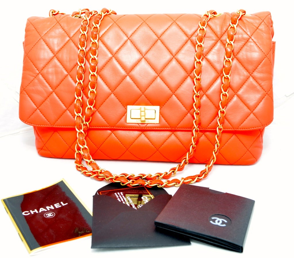 Chanel Tangerine Quilted Handbag Jumbo with Original Box and Cards 5