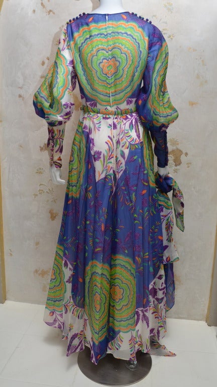 Lanvin lightweight silk organza long sleeve evening gown in summer hues with electric psychedelic floral print in greens and purples. Stunning abstract print. Comes with fabric belt and XL 44