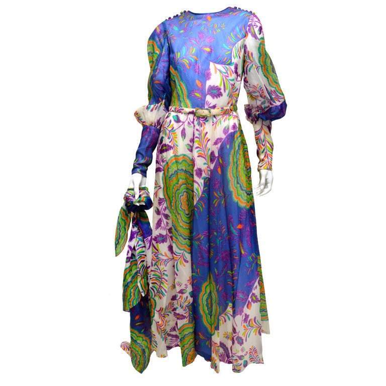 Lanvin Vintage 1970's Silk Organza Summer Hue Printed Gown with Large Shaw