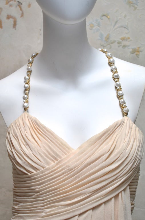 Beige Chanel Chiffon Dress Pearl Straps and Buttons Madonna