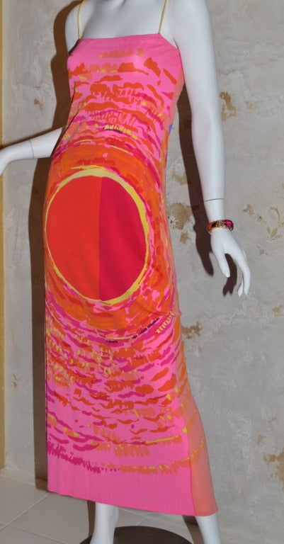 Parsons educated and French master printer, Ken Scott, vintage 1960's silk jersey maxi dress with bold geometric circle print in bold red,orange, fuchsia and yellow psychedelic colors. Gown is not his usual poly ban lon but is 100% silk and is made