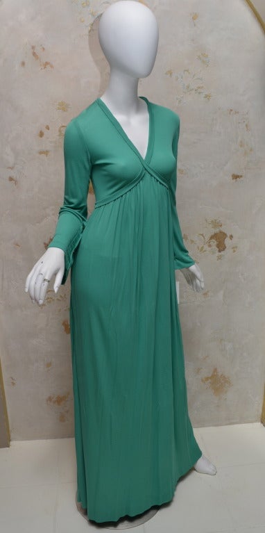 Vicky Teal Silk Jersey knit gown in spearmint green with cross your heart neckline. Extremely well made, hand sticking at all finish seams. Tie at back or double wrap to belt front at waist.
