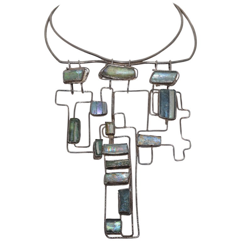 Mid Century Ancient Roman Glass Modernist Bib Necklace