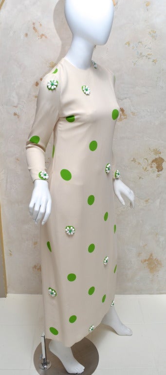 James Galanos 1960s Summer Green & White Polka Dot Beaded Gown For Sale 1
