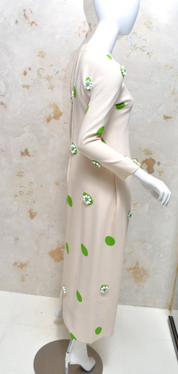 James Galanos 1960s Summer Green & White Polka Dot Beaded Gown For Sale 2