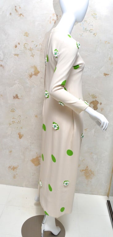 James Galanos 1960s Summer Green & White Polka Dot Beaded Gown For Sale 3