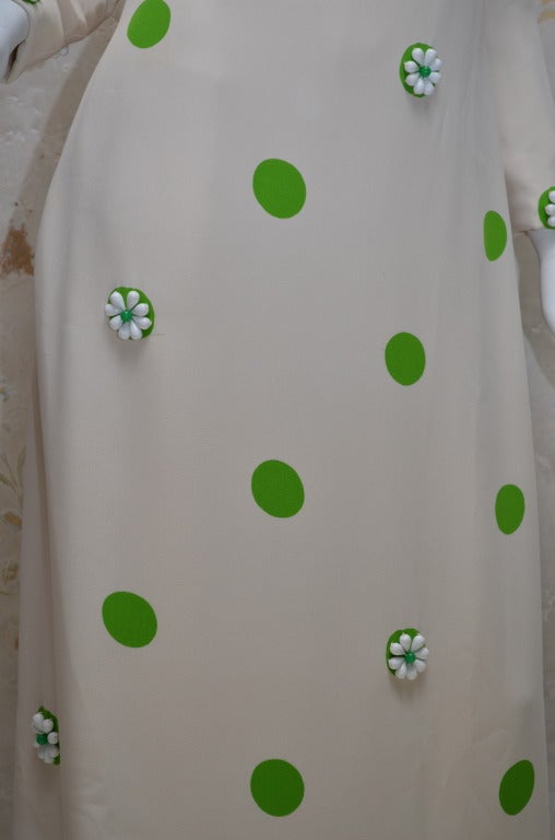 James Galanos 1960s Summer Green & White Polka Dot Beaded Gown For Sale 3