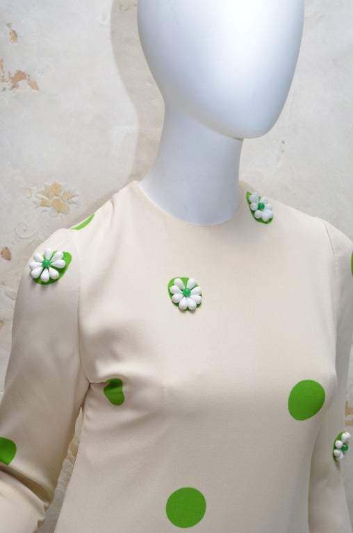 James Galanos 1960s Summer Green & White Polka Dot Beaded Gown For Sale 4