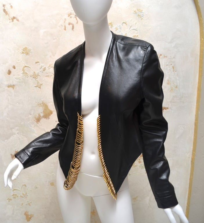 Gianfranco Ferre Black Leather Bolero with Large Gold Rings