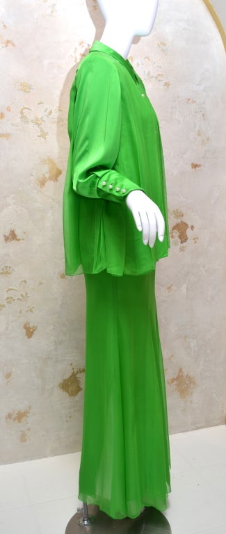 Galanos 1970s Summer Green Chiffon Evening Skirt and Blouse Pearl Buttons In Good Condition In Carmel, CA