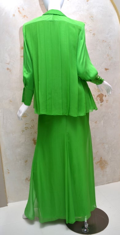 Women's Galanos 1970s Summer Green Chiffon Evening Skirt and Blouse Pearl Buttons