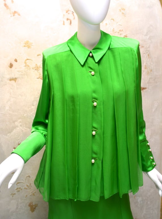 Galanos 1970s Summer Green Chiffon Evening Skirt and Blouse Pearl Buttons 1
