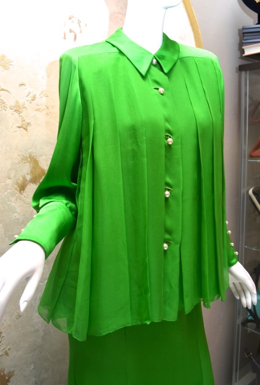 Galanos 1970s Summer Green Chiffon Evening Skirt and Blouse Pearl Buttons 2