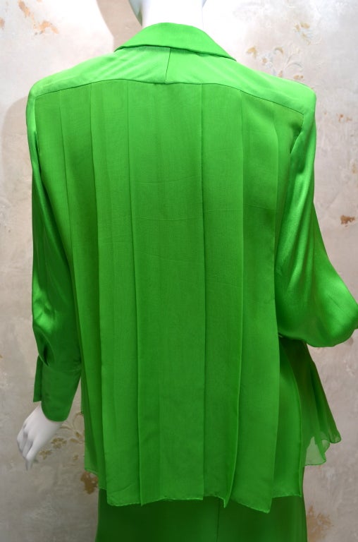 Galanos 1970s Summer Green Chiffon Evening Skirt and Blouse Pearl Buttons 3