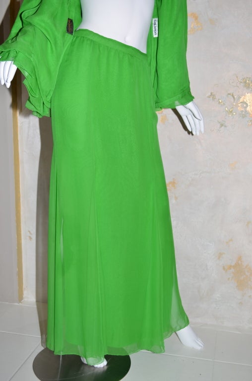 Galanos 1970s Summer Green Chiffon Evening Skirt and Blouse Pearl Buttons 5