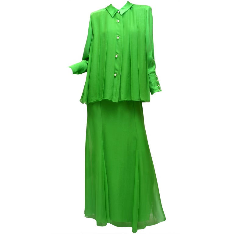 Galanos 1970s Summer Green Chiffon Evening Skirt and Blouse Pearl Buttons