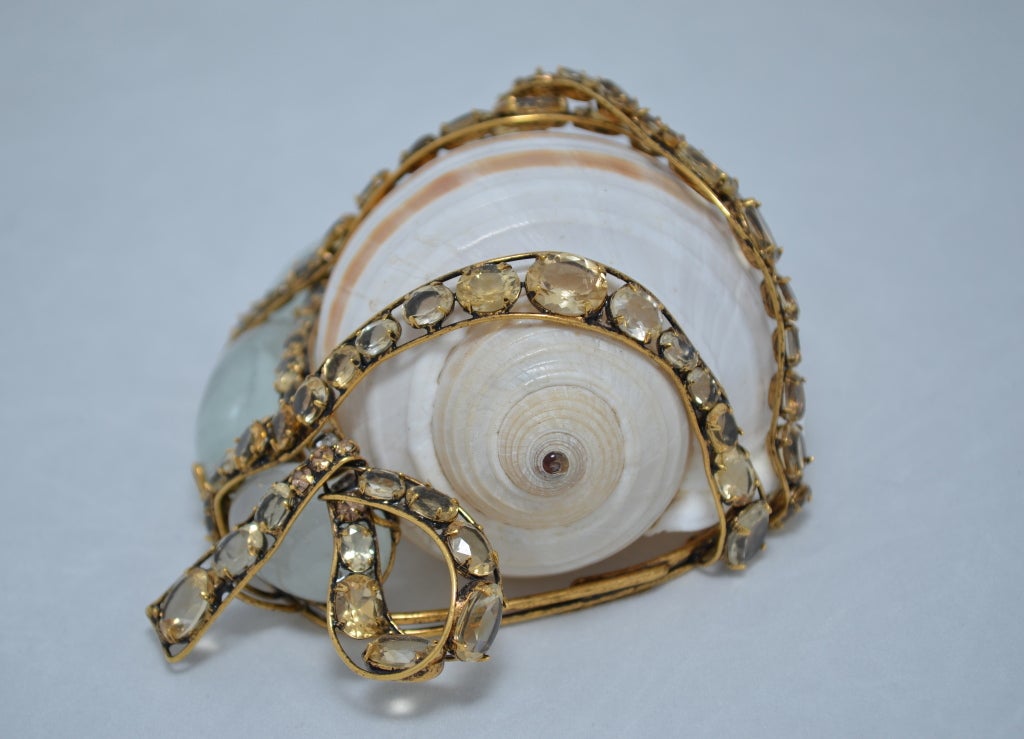 Large Iradj Moini Shell Brooch Set in Brass with Colored Gemstones In Excellent Condition For Sale In Carmel, CA