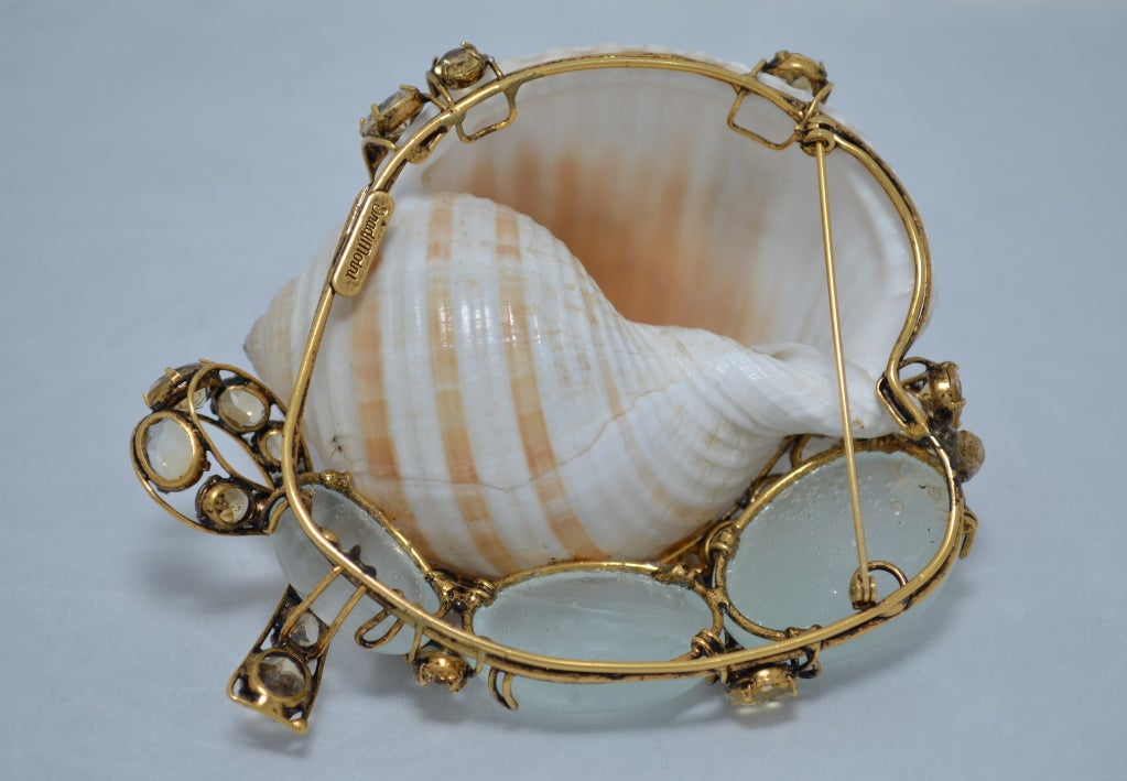Large Iradj Moini Shell Brooch Set in Brass with Colored Gemstones For Sale 2