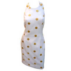 Bill Blass Cotton Pique Summer Dress with Gold Polka Dots