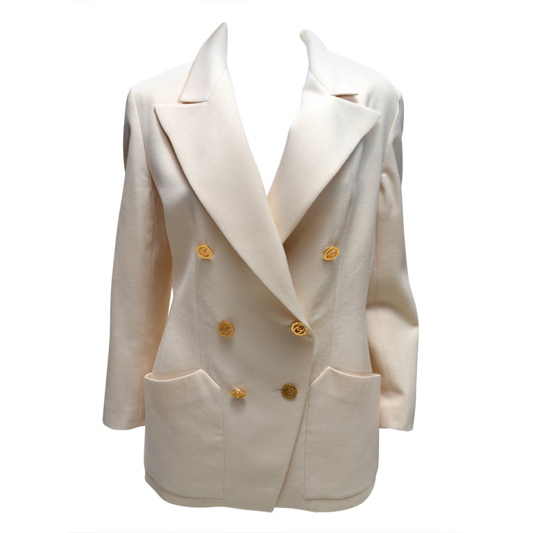 Chanel Off White Jacket Gold CC Buttons 1993 Sz 44 at 1stDibs  white jacket  gold buttons, white jacket with gold buttons, white blazer with gold buttons