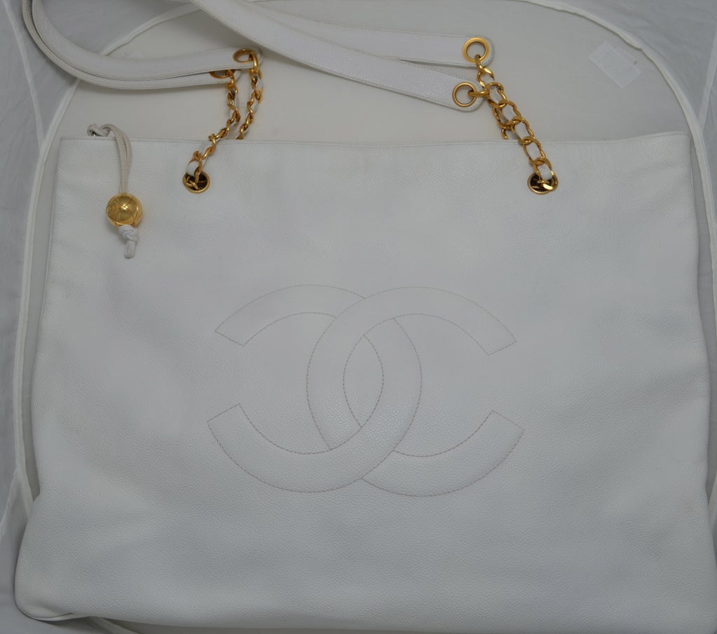 Women's Chanel XXL White Caviar Shopping Tote Gold Chain Large CC