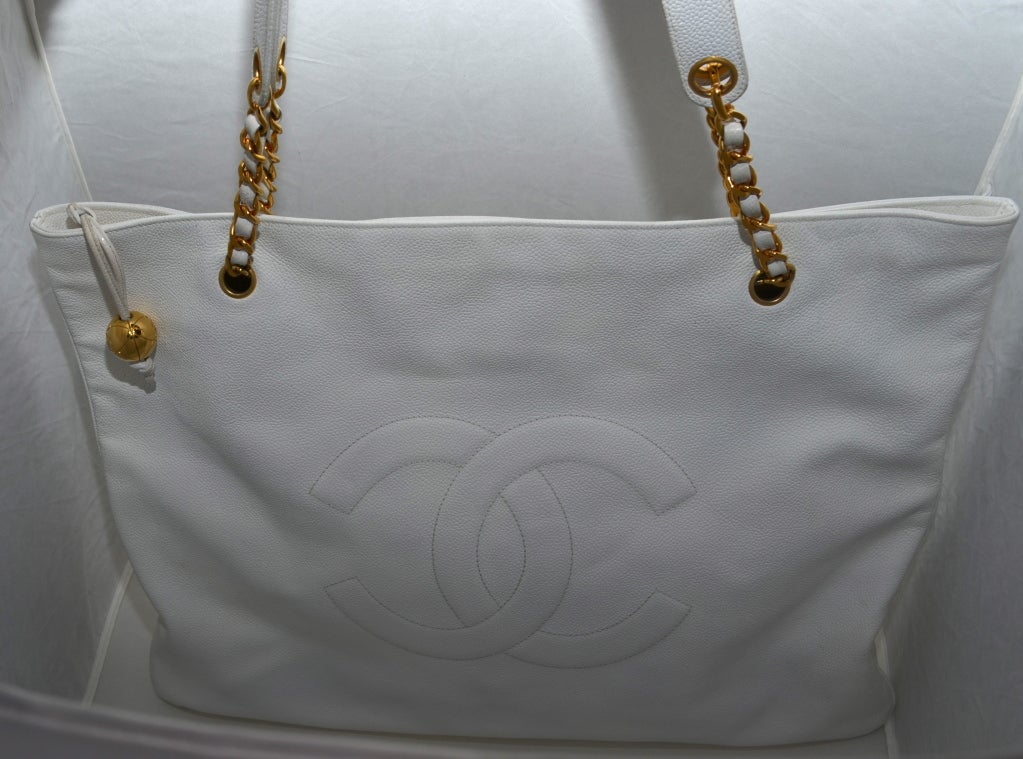 Chanel XXL White Caviar Shopping Tote Gold Chain Large CC 1