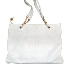 Vintage Chanel XXL White Caviar Shopping Tote Gold Chain Large CC