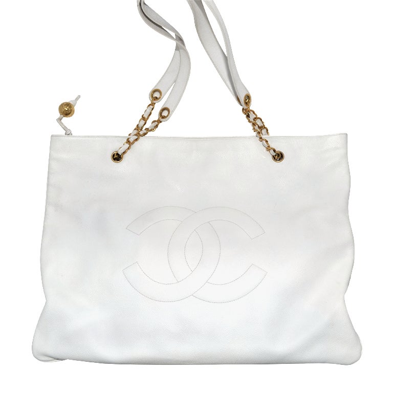 Chanel XXL White Caviar Shopping Tote Gold Chain Large CC at 1stDibs