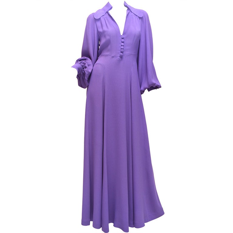 Ossie Clark Summer Vibrant Purple Moss Crepe Gown Vintage 1970's London