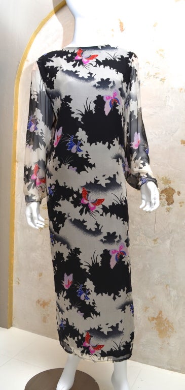 Hanae Morie Boutique vintage 1980's silk chiffon butterfly print caftan, column dress. Labeled a US size 16. Measurements: Bust-40