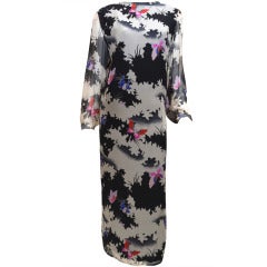 Hanae Mori Silk Chiffon Butterfly Print Column Dress