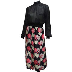 1970s Galanos Floral Velvet Skirt Suit w/ Beaded Trim