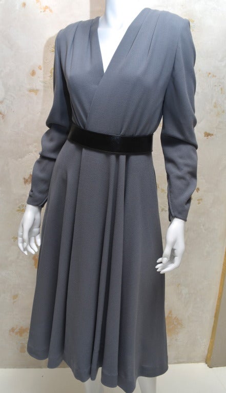 Women's Galanos Grey Wool Crepe Wrap Dress With Matching Belt 1970's