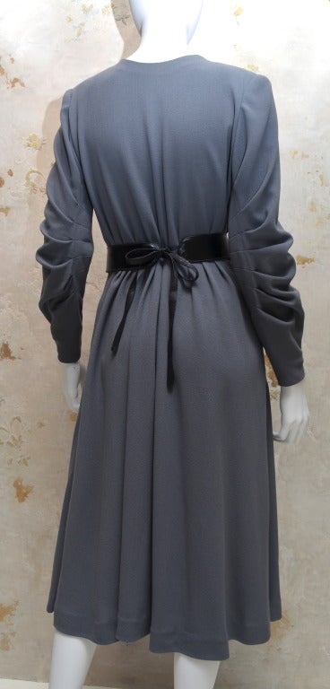Galanos Grey Wool Crepe Wrap Dress With Matching Belt 1970's 1