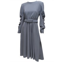 Vintage Galanos Grey Wool Crepe Wrap Dress With Matching Belt 1970's