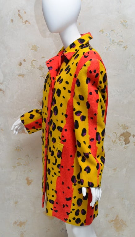 Vintage 1980's Stephen Sprouse neon animal print wool felt coat. Boxy fit, size large.