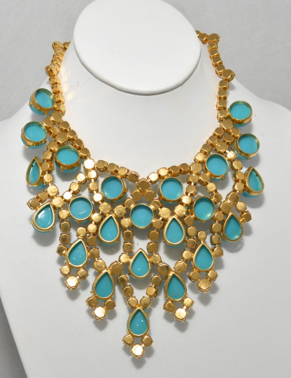 Schreiner New York 1960s opaque turquoise glass and rhinestone bib necklace set in gold tone metal with adjustable neck measurement. Bib measures 6.5