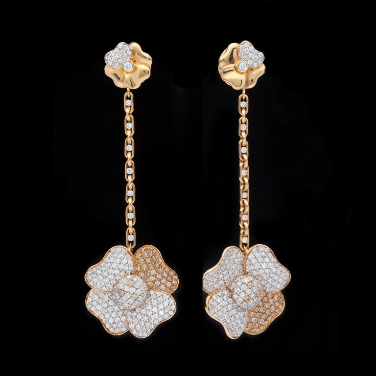 Valente Diamond Flower Dangle Earrings with 478 Round Brilliant Cut Pave Set Diamonds for approximately 2.84cts that measure 21mm x 64mm and weigh 20.31 grams.  Complete with Valente report.