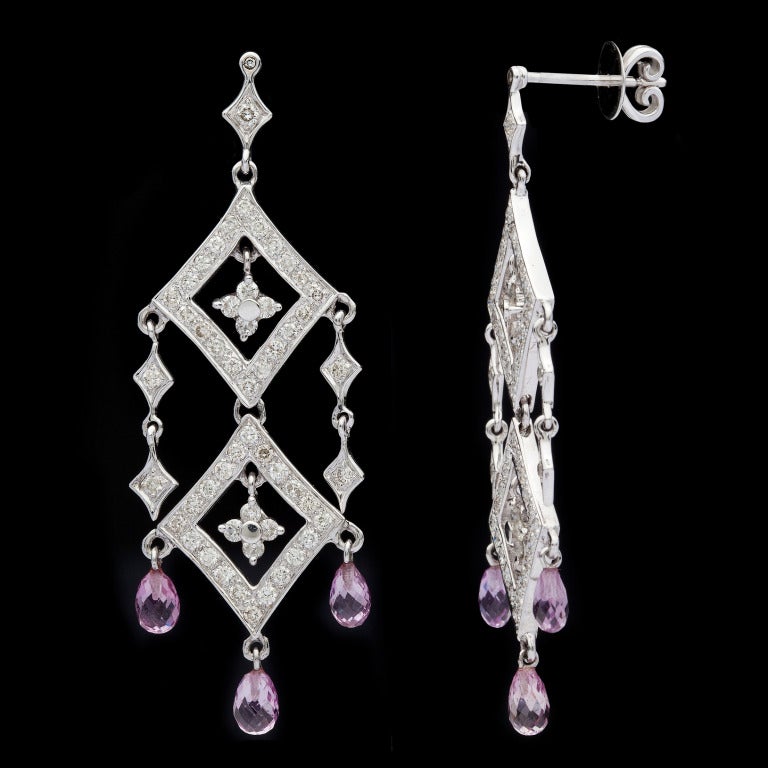 Salavetti Pink Sapphire & Diamond Dangle Earrings In New Condition For Sale In San Francisco, CA